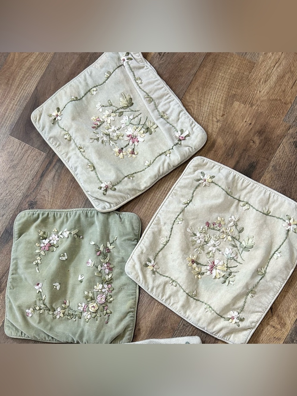 3 Floral Ribbon Embroidered Velvet Pillow Covers 12x12